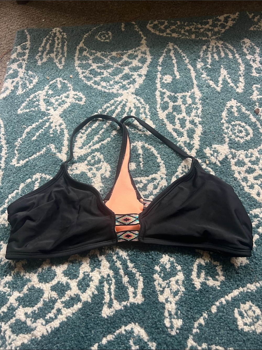 Xhilaration Black Sports Bikini Top with Peach Lining and Aztec Trim
